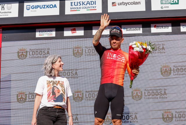 <p>Caleb Ewan celebrates victory on stage two of the Tour of the Basque Country</p>