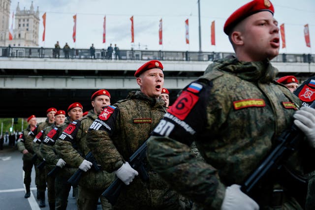 <p>Russian service members during a rehearsal for the military parade in Moscow</p>