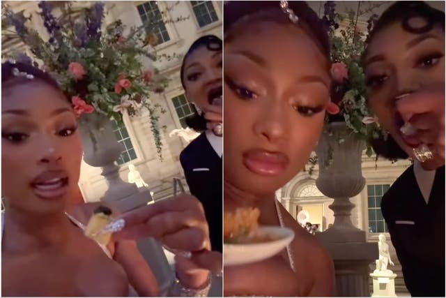 <p>Megan Thee Stallion posts at the Met Gala</p>