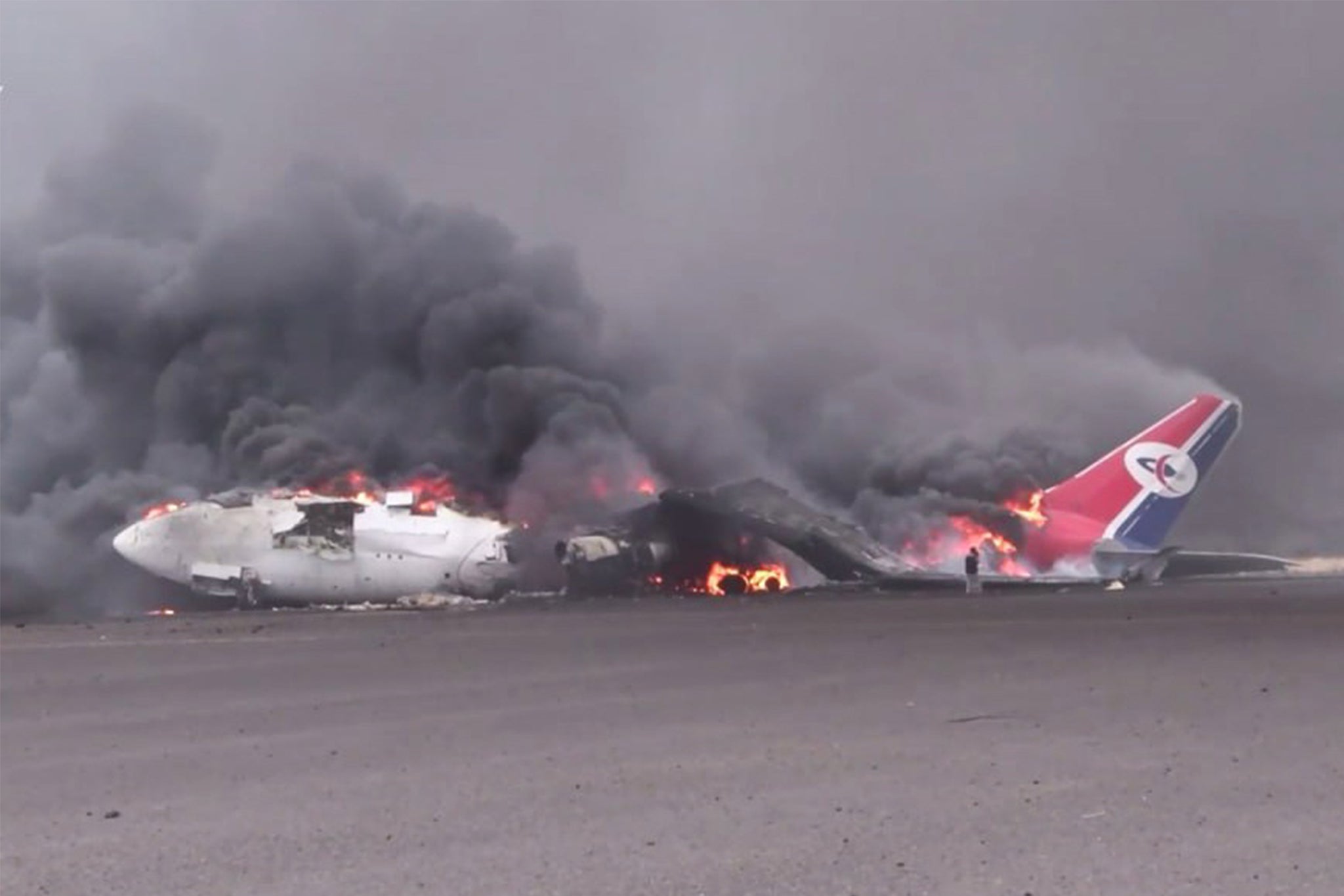 Houthi-run Yemen News Agency shows an Airbus aircraft of Yemenia Airways is engulfed in flames following Israeli airstrikes on Sana'a airport, in Sana'a, Yemen, 06 May 2025