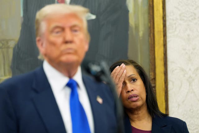 <p>DC mayor Muriel Bowser, right, attends a speech by Donald Trump in the Oval Office on May 5, 2025</p>