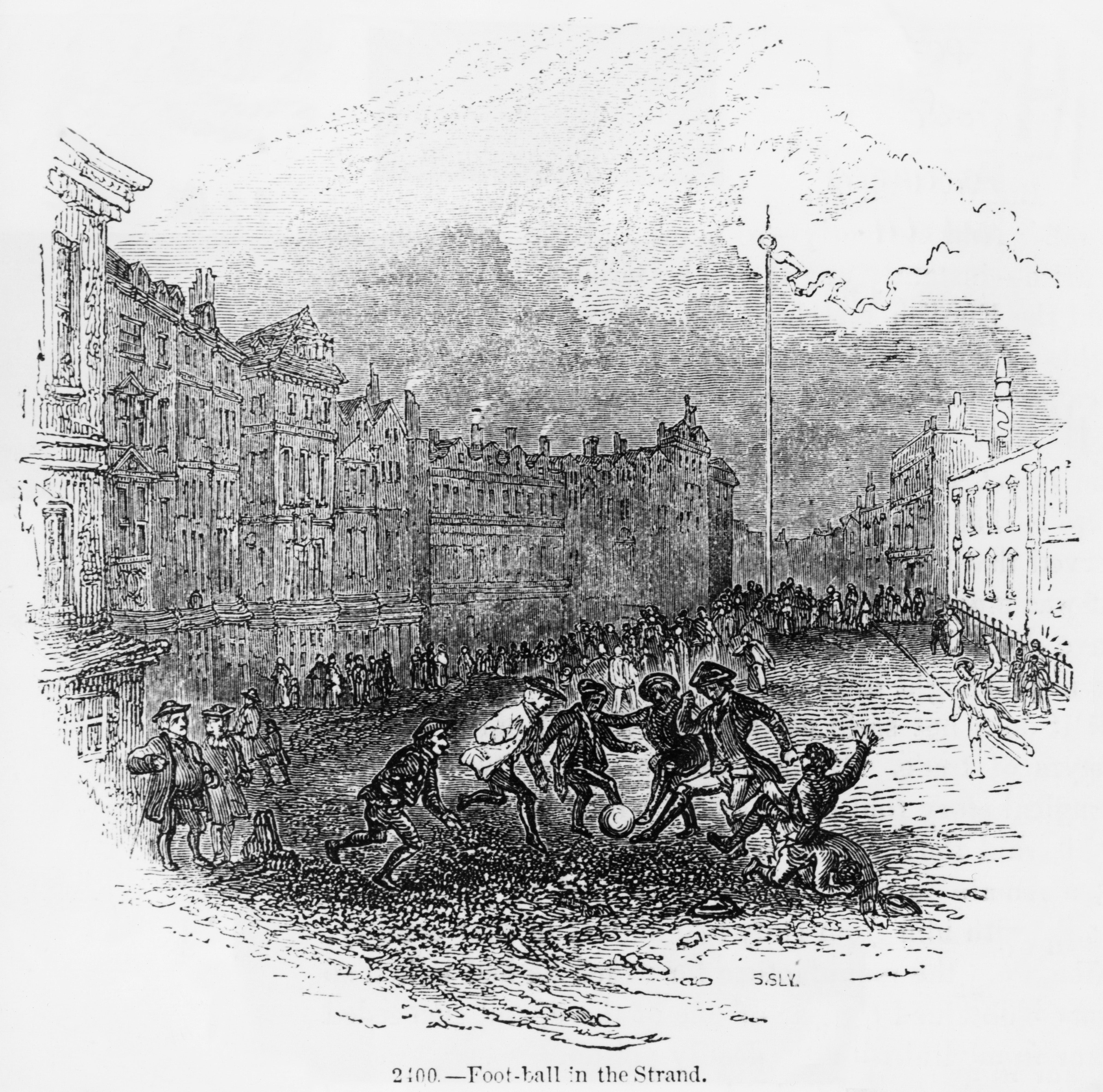 Group of men playing football in Strand, London, in 1775