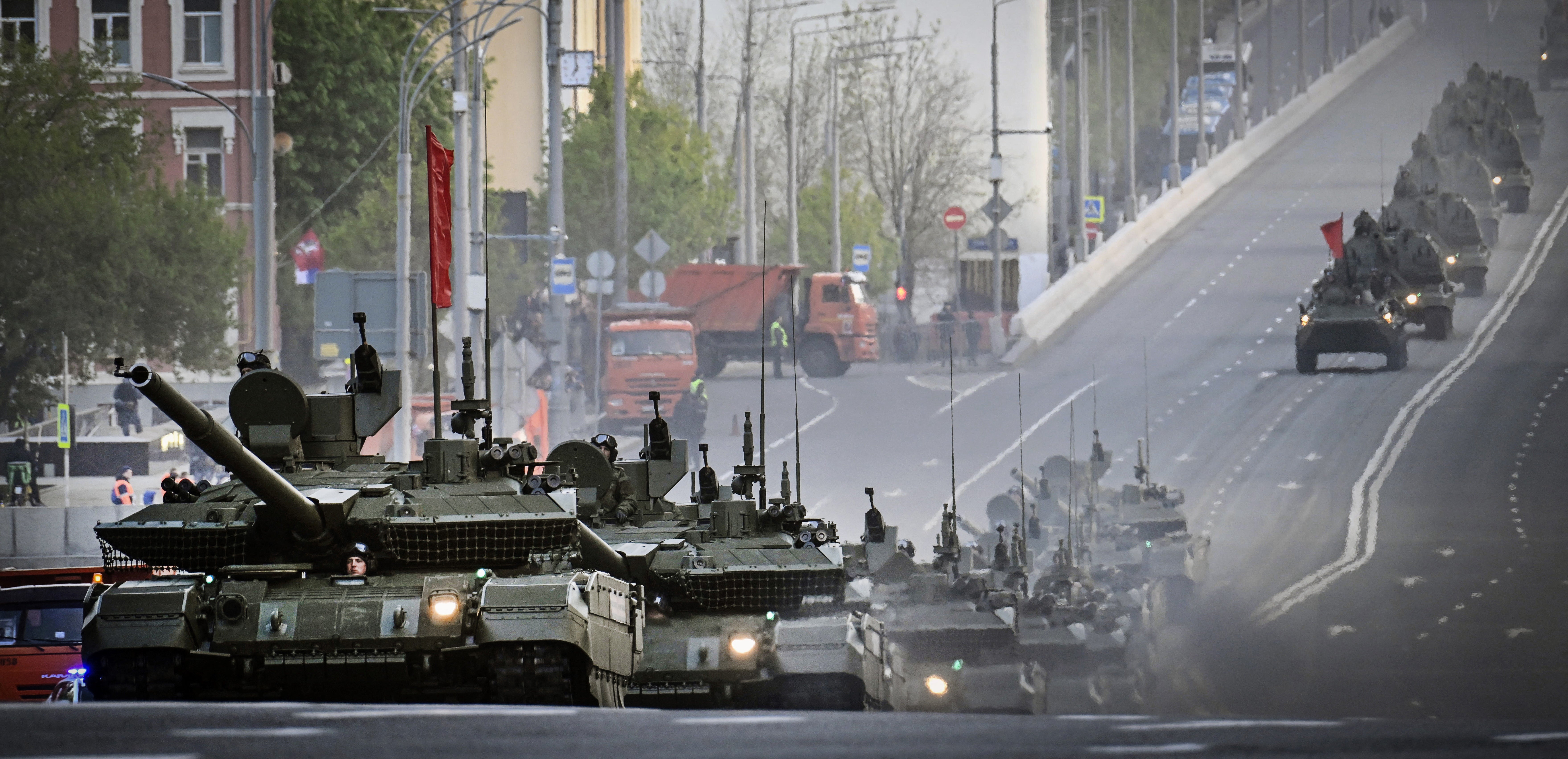 Russian T-90M tanks drive through central Moscow during a rehearsal for the Victory Day parade where Russia will celebrate the 80th anniversary of the 1945 defeat of Nazi Germany