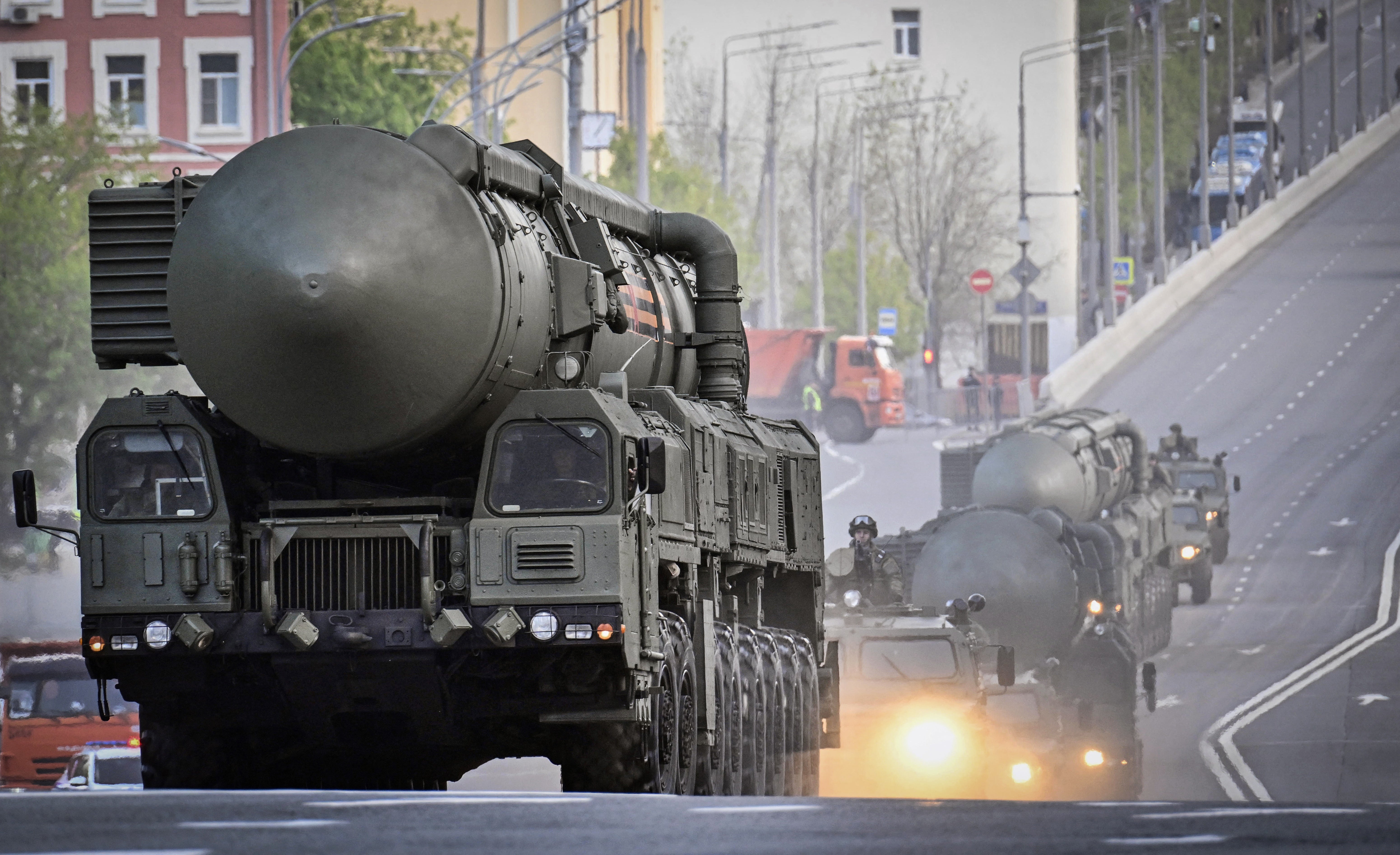 Russian Yars Intercontinental ballistic missiles (ICBM)s travel through central Moscow during a rehearsal for the Victory Day parade