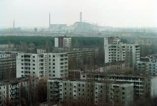 A view of the town of Pripyat and the Chernobyl Fourth Reactor