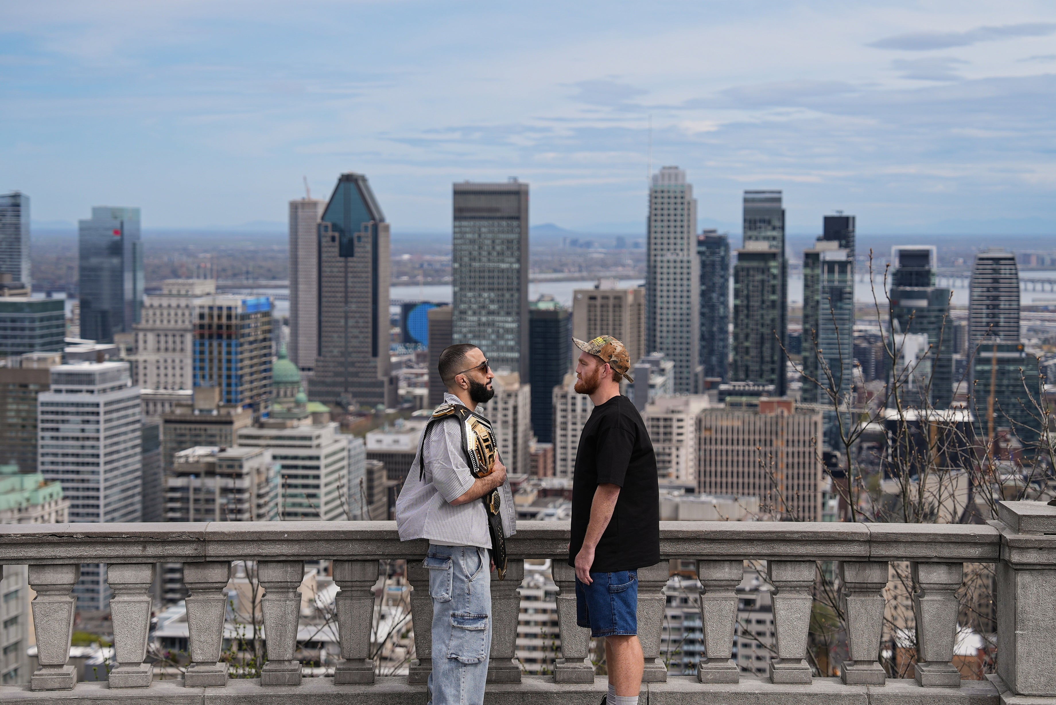 Belal Muhammad (left) and challenger Jack Della Maddalena in Montreal