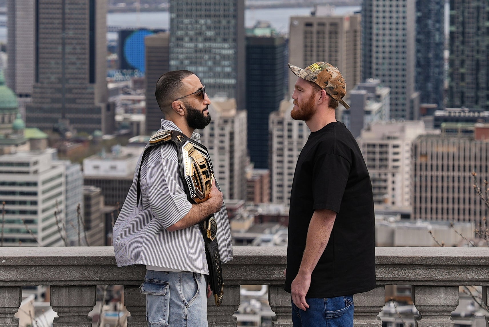 Belal Muhammad (left) and welterweight title challenger Jack Della Maddalena in Montreal