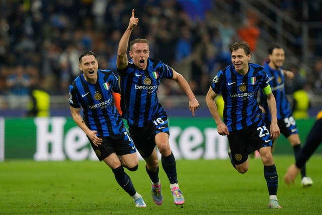<p>Inter Milan's Davide Frattesi celebrates after scoring his side's fourth goal </p>