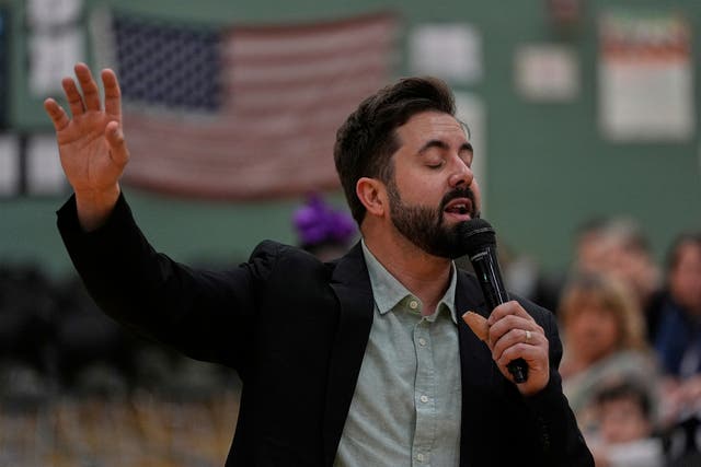 <p>Cincinnati mayoral candidate and River Church pastor Cory Bowman, who is Vice President JD Vance's half brother, preaches during Easter worship on Sunday April 20 in Cincinnati, Ohio</p>