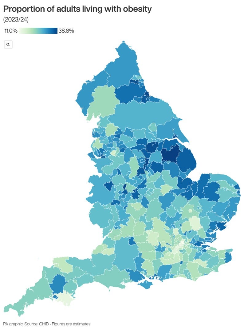 Proportion of adults in England living with obesity in 2023/24