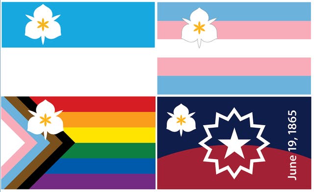 <p>Salt Lake City is adopting three new flags – alongside its existing one, top left – that represent the city's LGBT+, Black and transgender residents</p>