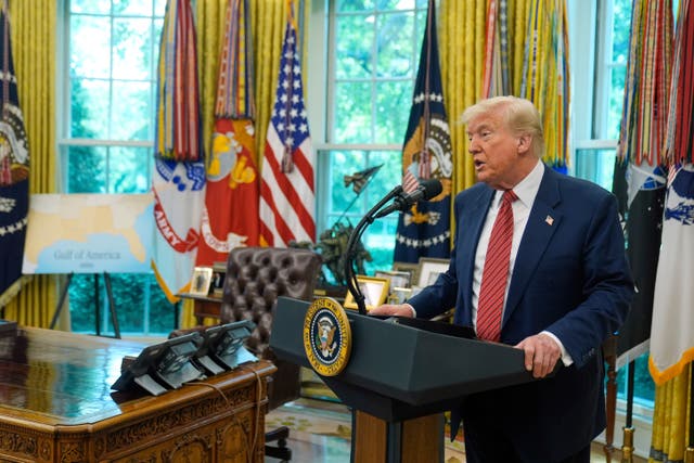 <p>President Donald Trump speaks to reporters after David Perdue was sworn in as U.S. Ambassador to China. During his discussion he addressed the ongoing Palestine-India conflict. </p>