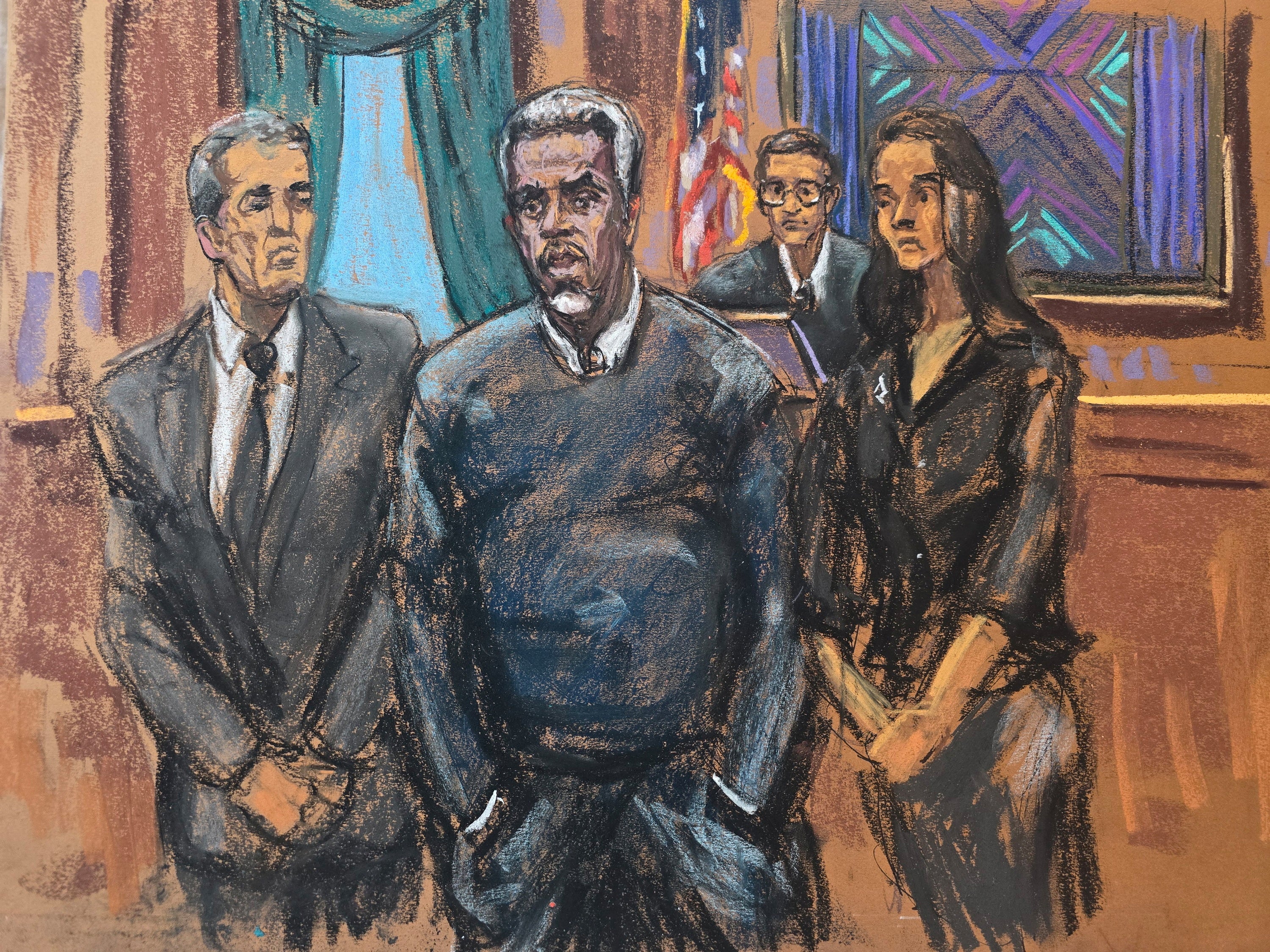 U.S. District Judge Arun Subramanian presides as Sean 'Diddy' Combs stands with his lawyers Brian Steel and Teny Geragos to watch potential jurors enter the courtroom at his sex trafficking trial in New York City