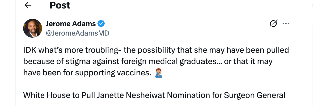 Jerome Adams Tweet regarding Janste Nesheiwat