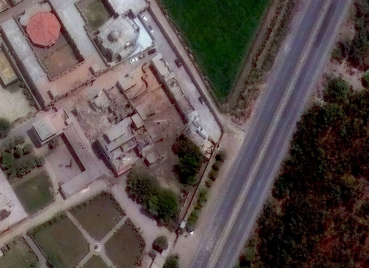 This satellite image provided by Maxar Technologies shows airstrikes damage at Jamia Masjid Subhan Allah mosque in Pakistan