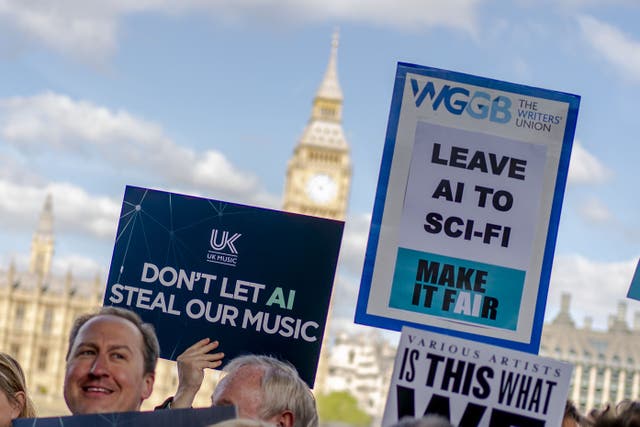Protesters in London rally against AI's impact on creative industries, with Big Ben standing watch over the rising voices.