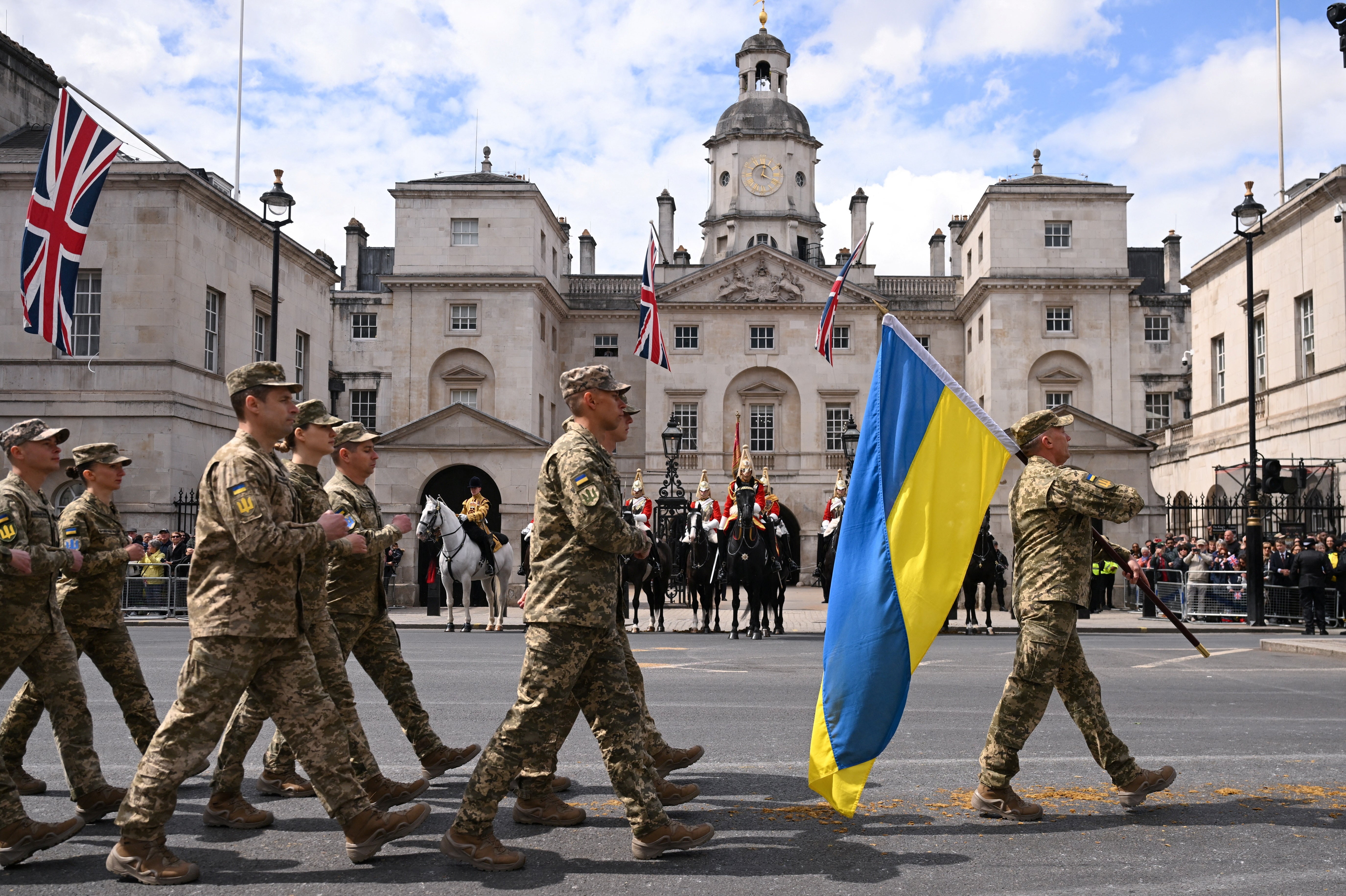 Ukrainian soldiers took part in Monday’s VE Day parade in London. (Jaimi Joy/PA)