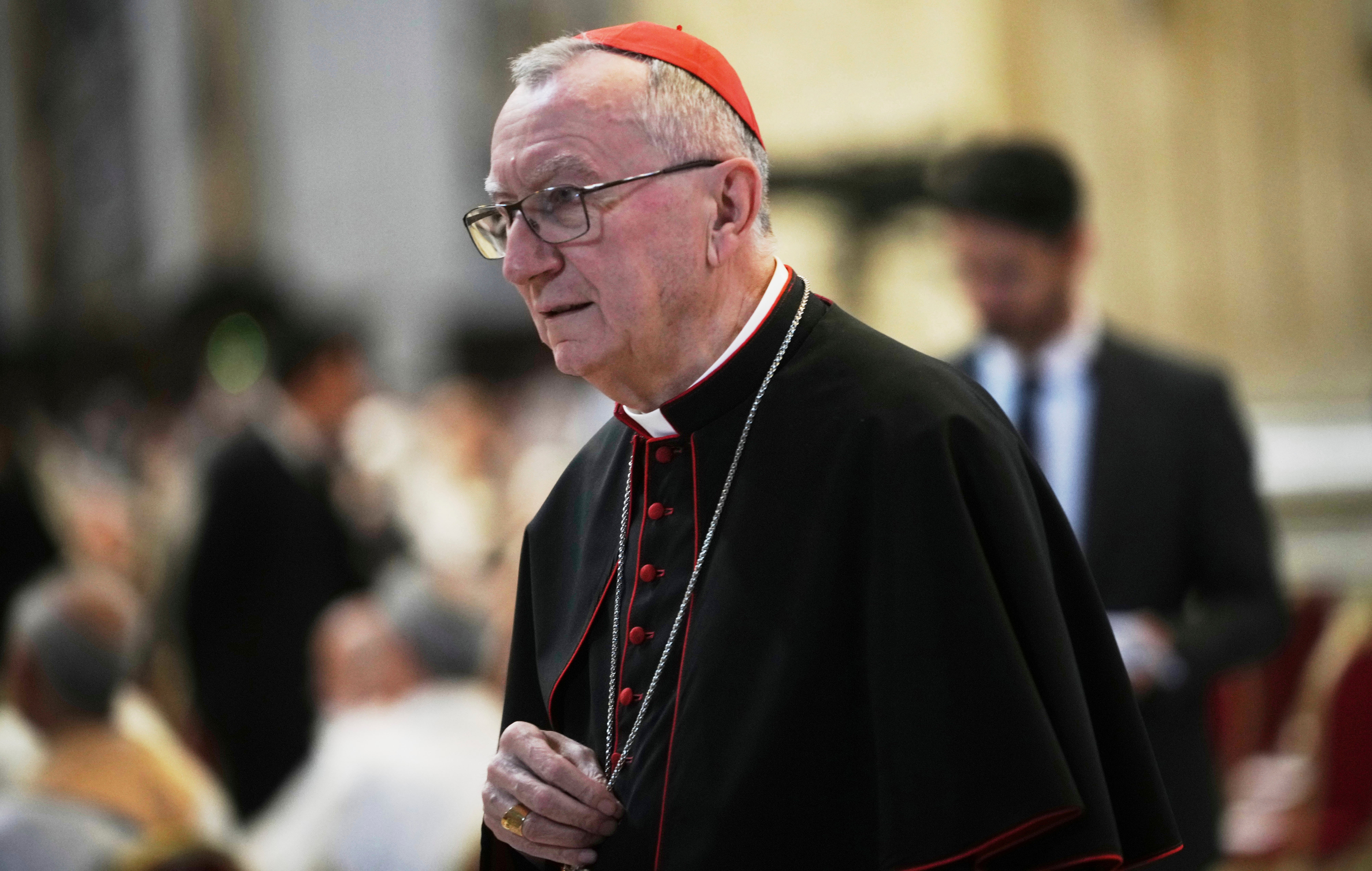 Cardinal Pietro Parolin arrives in St. Peter's Basilica to attend a mass on the eight of nine days of mourning for late Pope Francis
