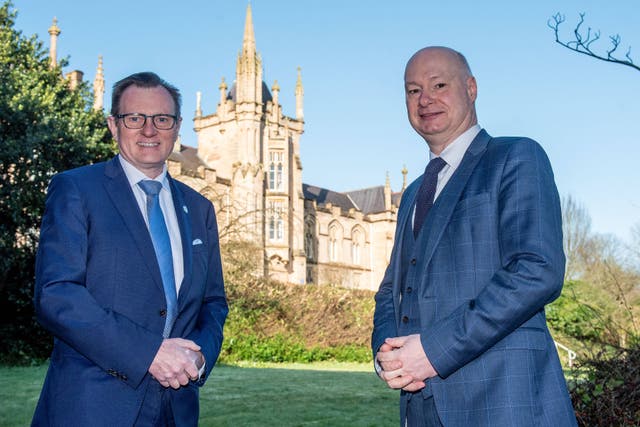 Vice chancellor of Ulster University, Professor Paul Bartholomew (right) with Professor Ian Greer, president and Vice Chancellor of Queen’s University Belfast at Ulster University’s Derry~Londonderry Campus (Pacemaker/Ulster University/PA)