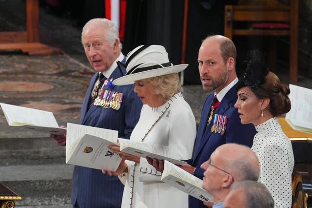 <p>Charles and other members of the royal family honoured the sacrifices of those who brought peace to Europe during a thanksgiving service in London.</p>
