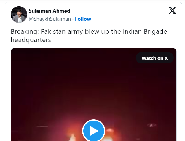 Screengrab of a post showing unrelated video widely circulated as Pakistan's retaliatory action against India