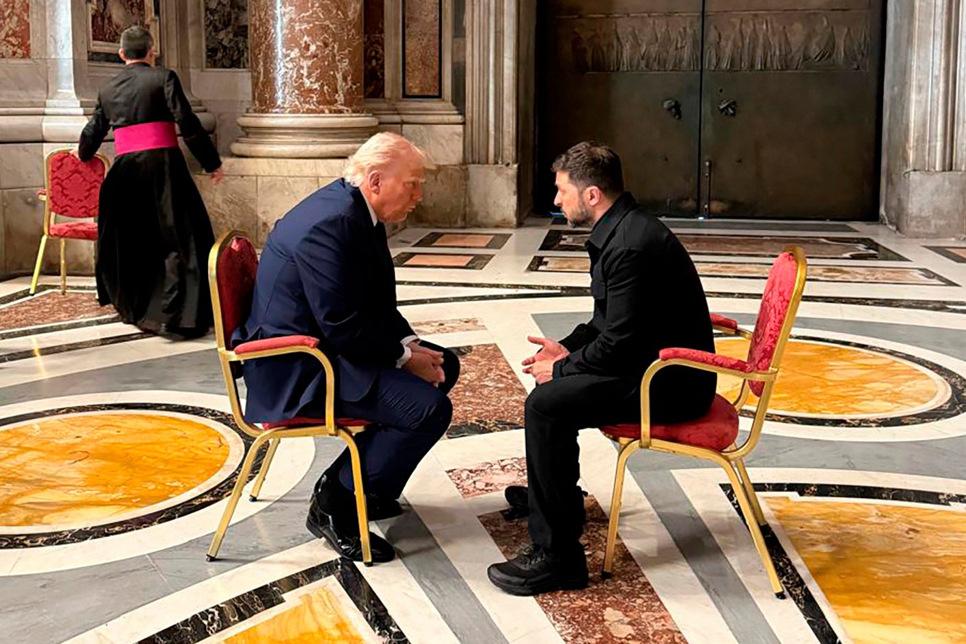 Ukraine president Volodymyr Zelenskyy and president Donald Trump talk as they attend the funeral of Pope Francis in Vatican