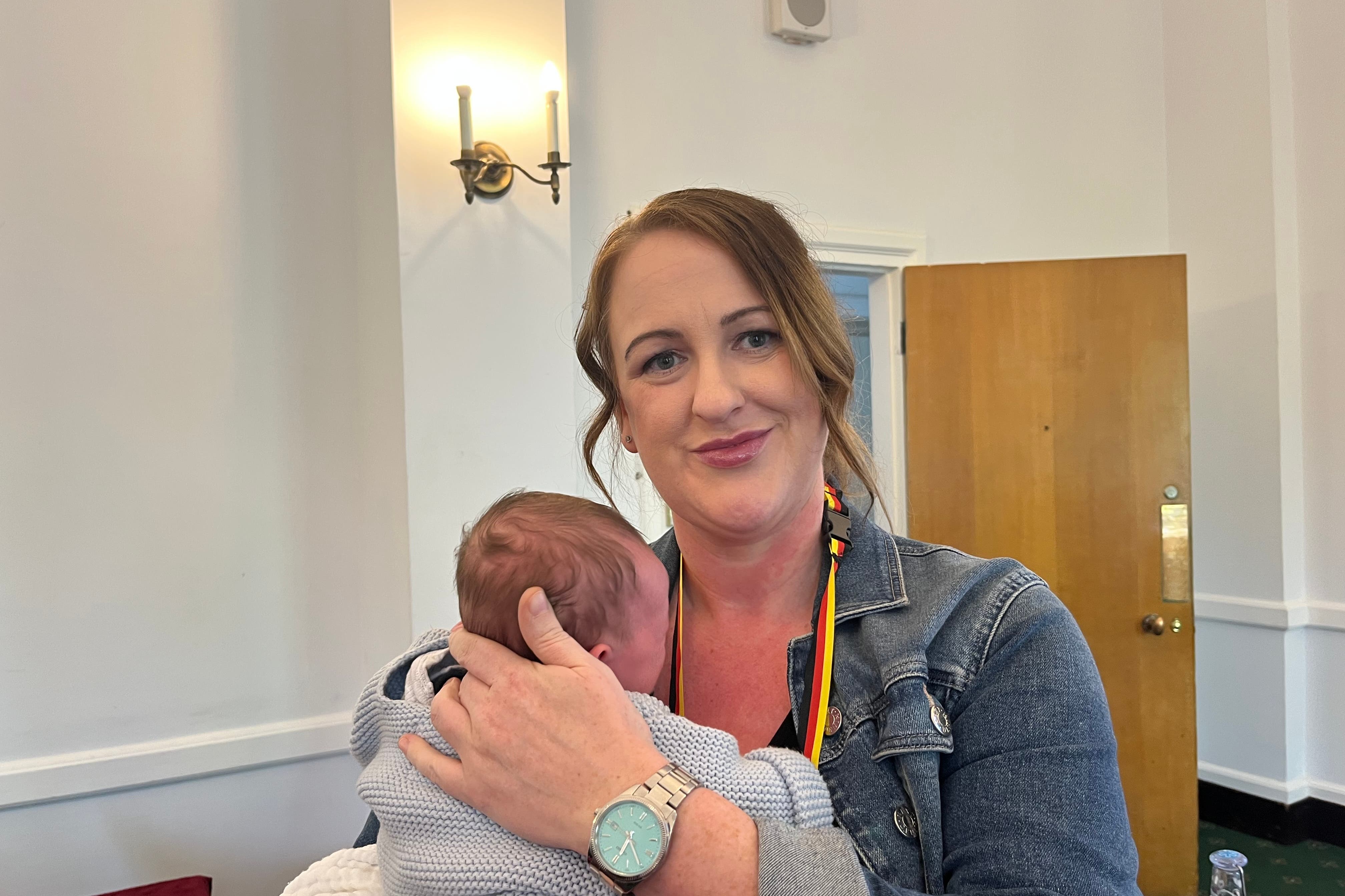 Louise Huitson attended the special hearing of the Infected Blood Inquiry with her seven-week-old son Jacob (Ella Pickover/PA)