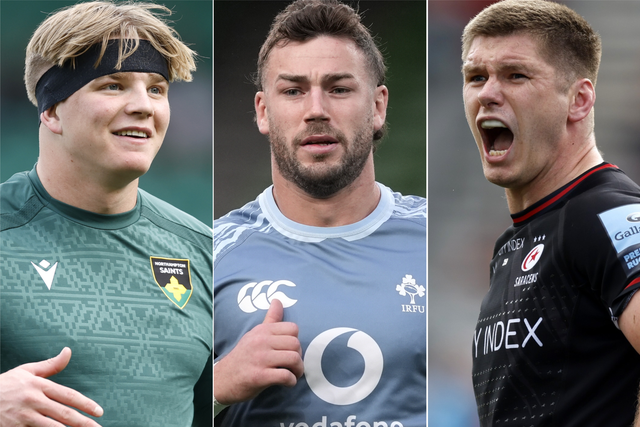 Henry Pollock, left, has been selected for the British and Irish Lions tour to Australia but Caelan Doris, centre, and Owen Farrell, right, are among those to miss out (PA)