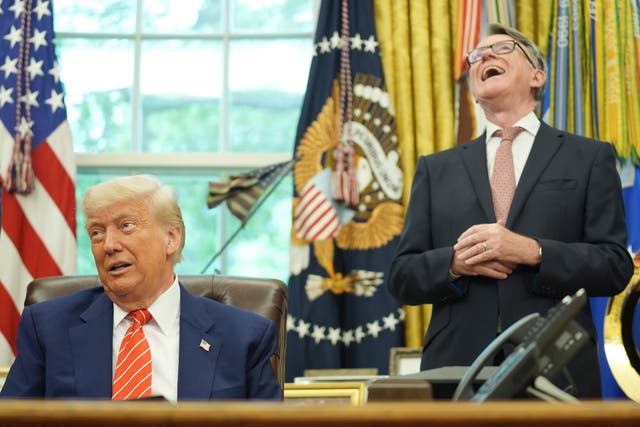 <p>US President Donald Trump gets a reaction from UK ambassador to the United States Peter Mandelson as they take questions from the media in the Oval Office (Evan Vucci/AP)</p>
