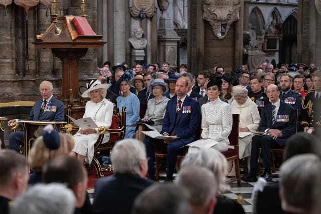 The King, the Queen, the Prince and Princess of Wales and others attend a Service of Thanksgiving at Westminster Abbey in London on the 80th anniversary of VE Day (Julian Simmonds/The Telegraph/PA)