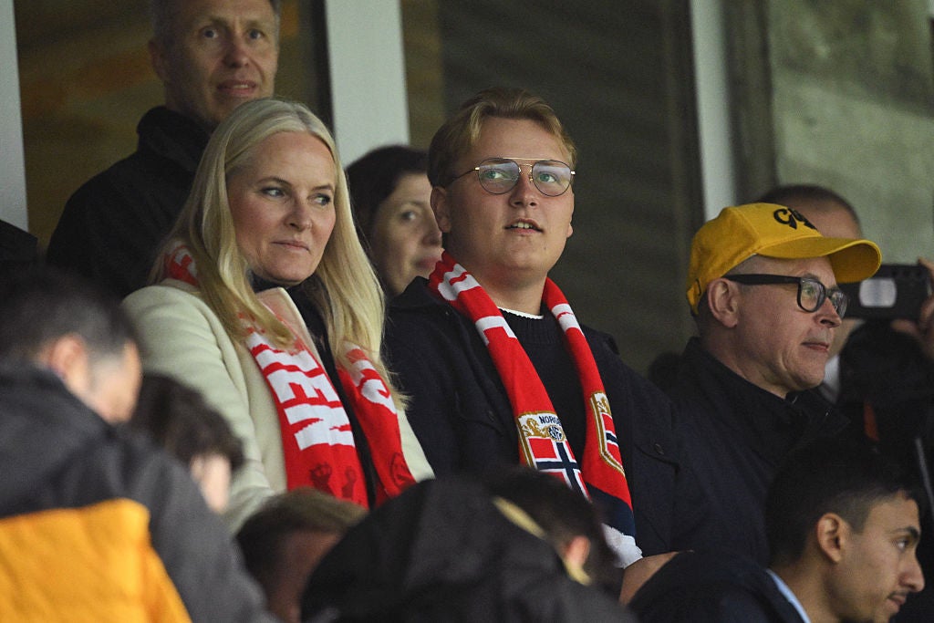 Crown Princess Mette-Marit (left) and Prince Sverre Magnus watching Bodo/Glimt vs Tottenham
