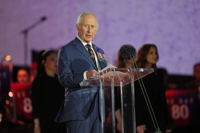 The King speaks during the concert celebrating the 80th anniversary of VE Day (Ben Whitley/PA)