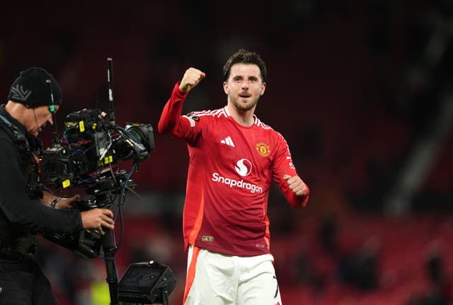 <p>Mason Mount celebrates after sending Manchester United to the Europa League final</p>