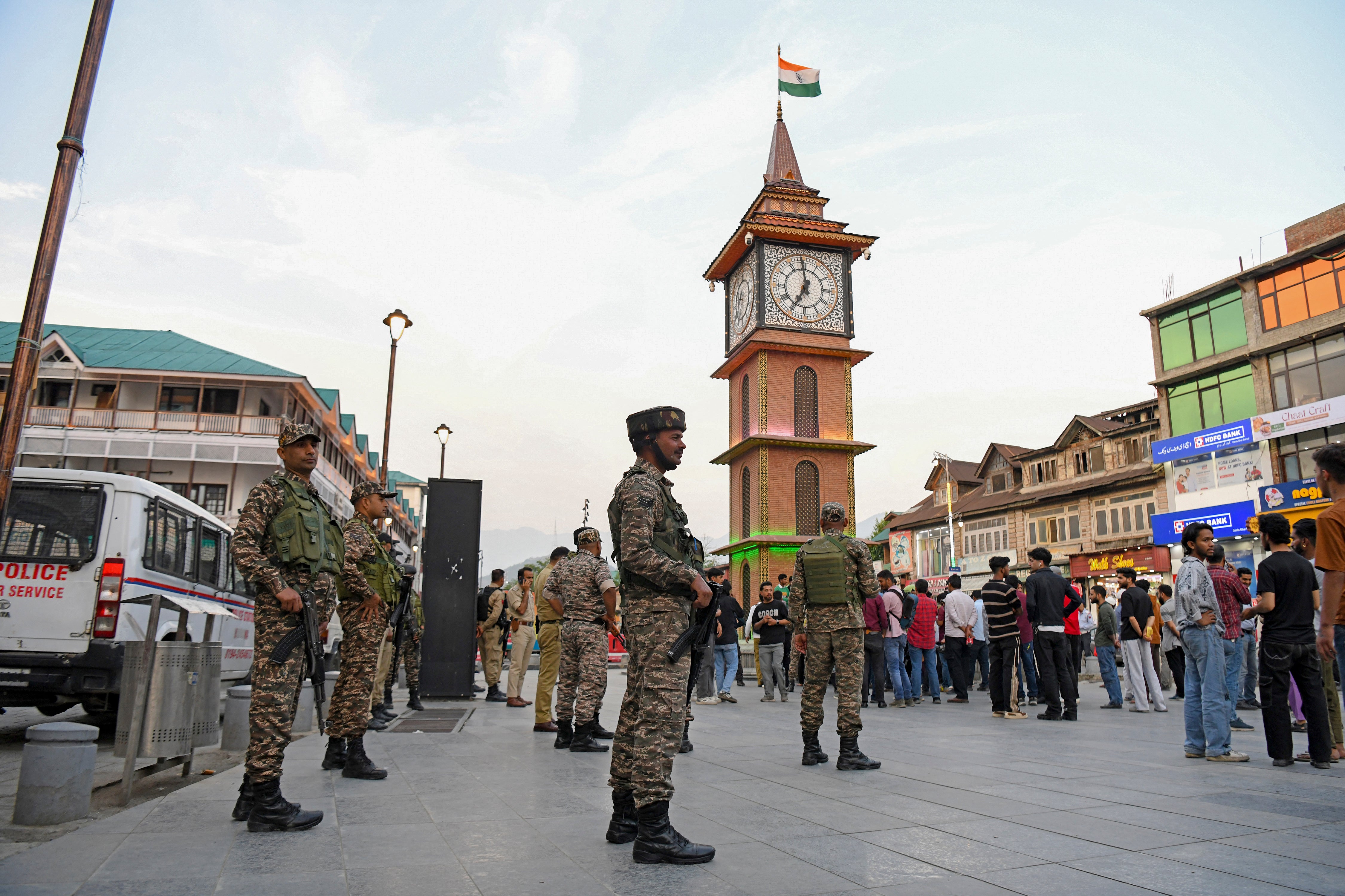 Paramilitary soldiers patrol a street in Srinagar, India, on 7 May 2025