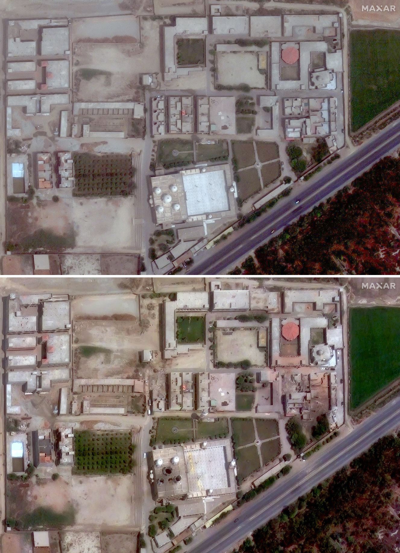 This combination of pictures created on 8 May using handout satellite images courtesy of Maxar Technologies shows the Jamia Masjid Subhan Allah compound on 2 May