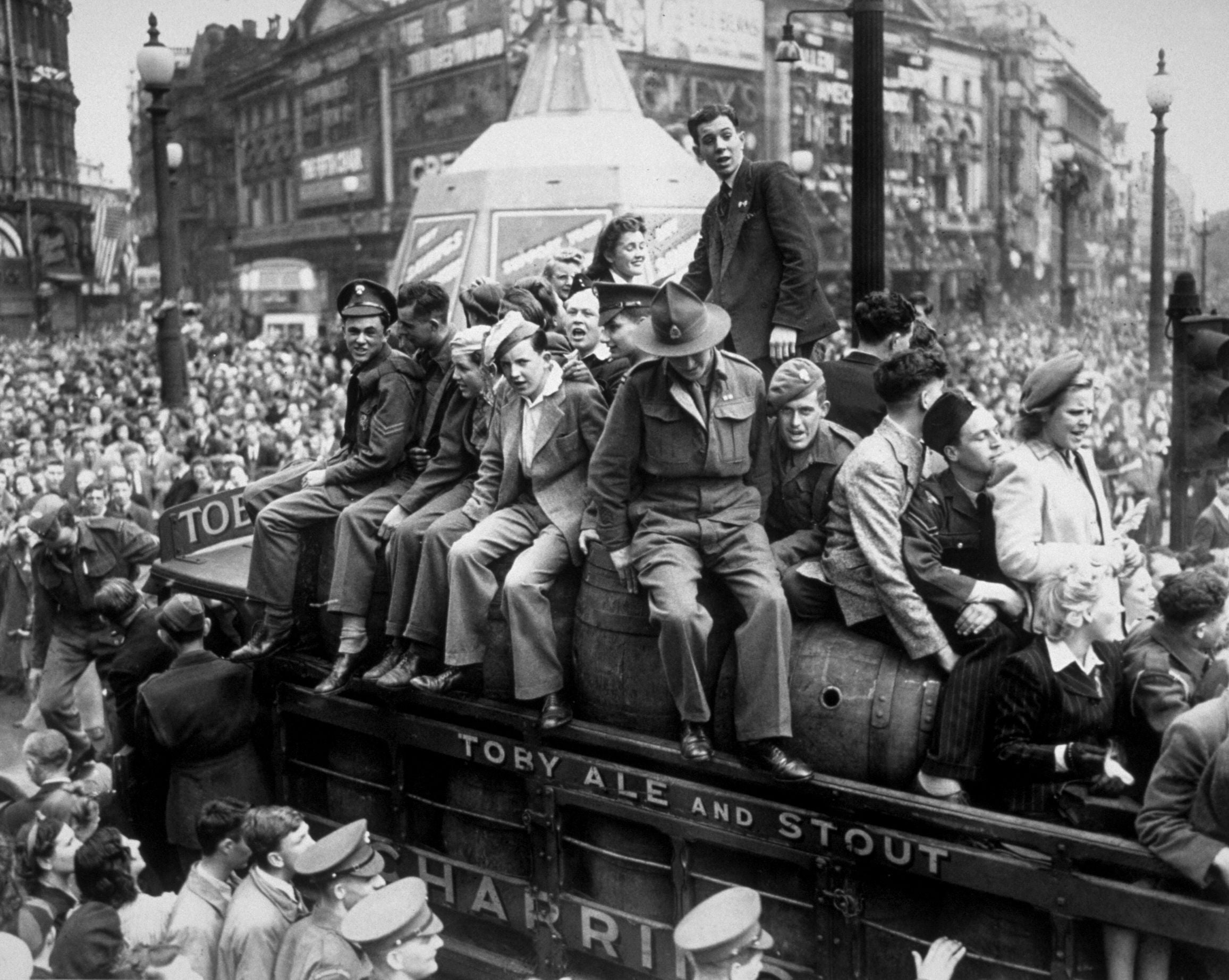 A van load of beer passing through Piccadilly Circus on VE Day