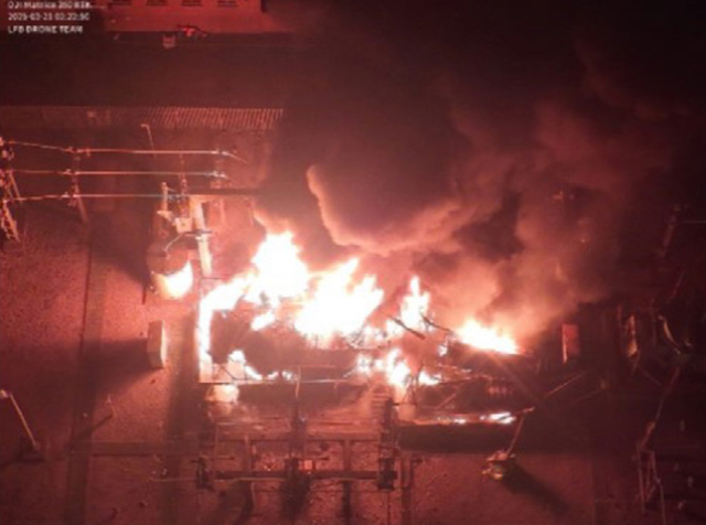 <p>Closedown blaze: A transformer on fire at North Hyde substation in west London, which triggered the closure of nearby Heathrow airport</p>