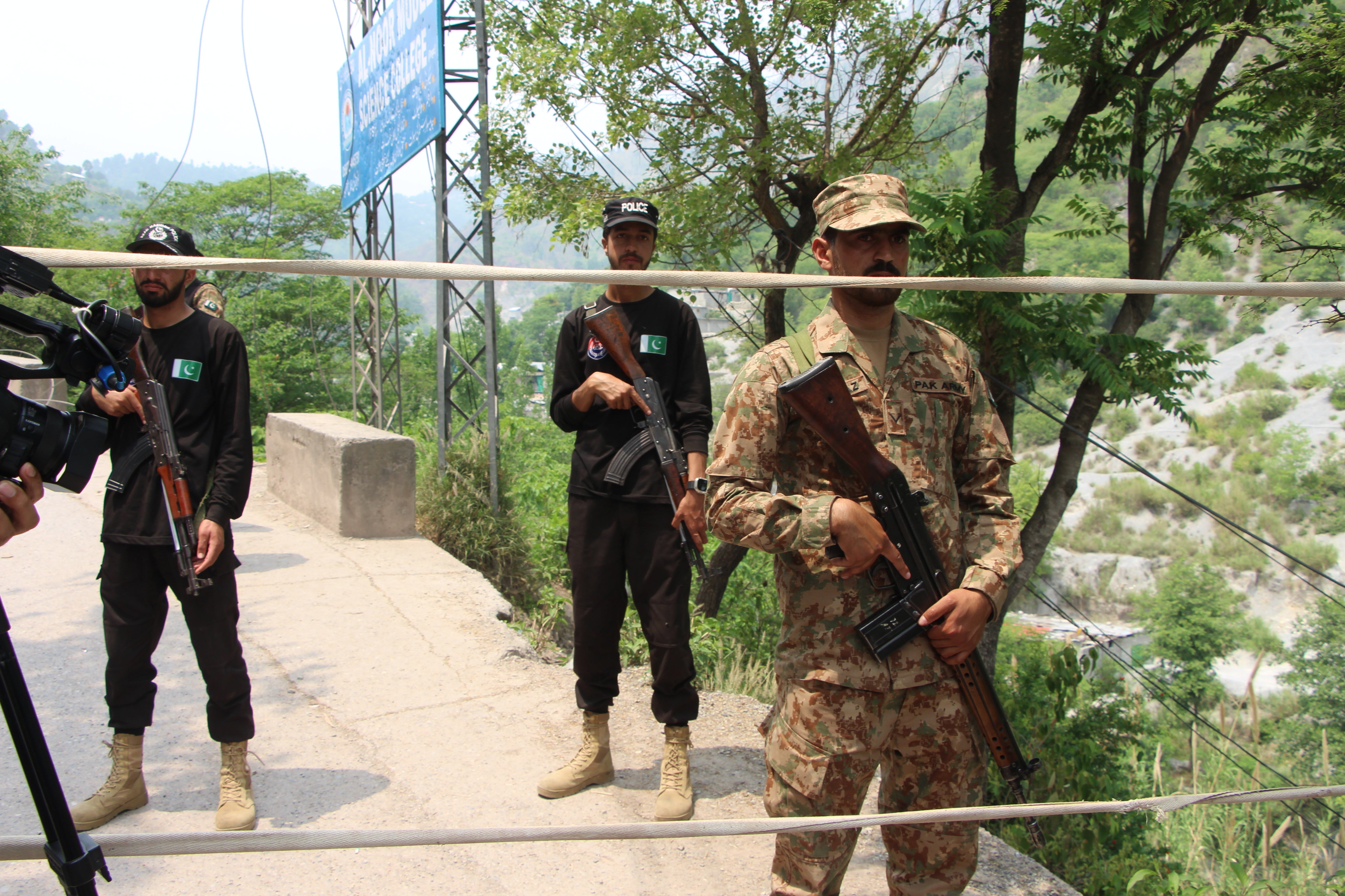 Security forces take high measures as UN delegation visits the Shawai area in Pakistan-administered Kashmir to inspect the damaged mosque and the surrounding region in Shawai, Muzaffarabad, Pakistan on 7 May 2025. Locals are leaving the area on foot, carrying their belongings