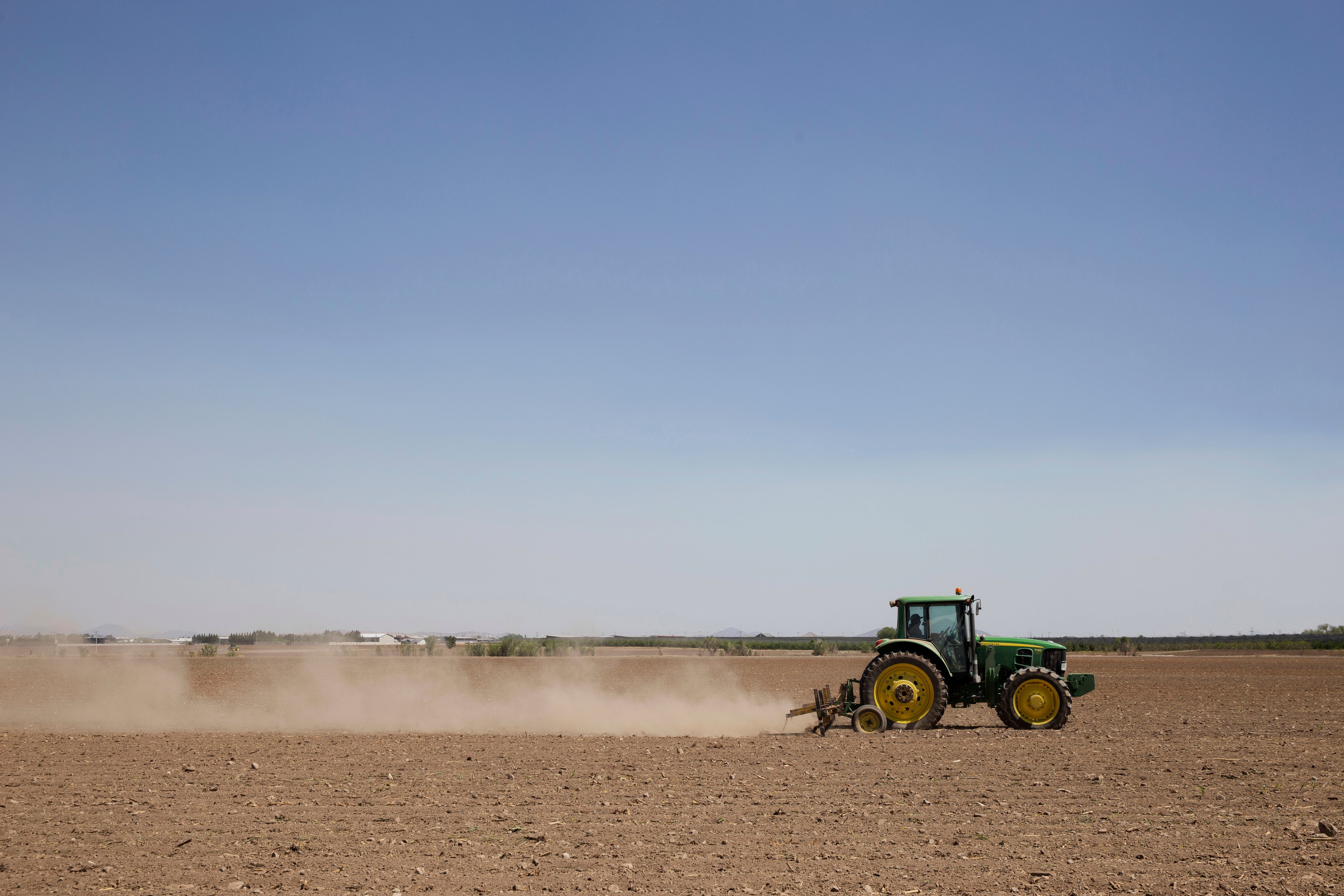 A tractor works a field owned by the Mennonite community in Cuauhtemoc, Mexico, May 2025. Campeche has witnessed increasing conflict between Mayan and Mennonite communities driven by the latter's industrial-scale, intensive, export-orientated farming
