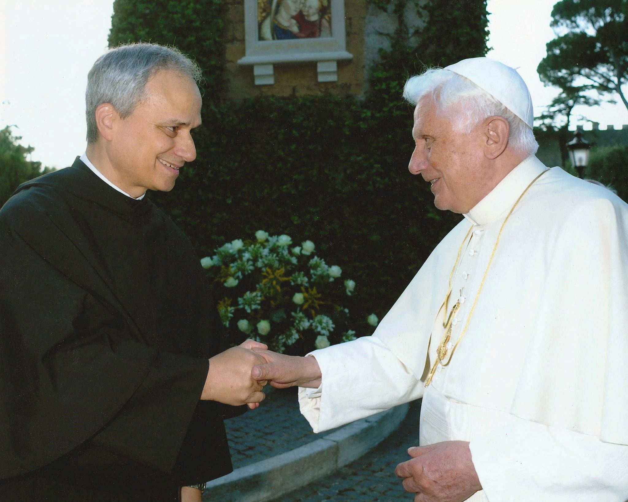 An undated photograph of Pope Leo XIV, then Robert Prevost, pictured with the late former Pope Benedict XVI.