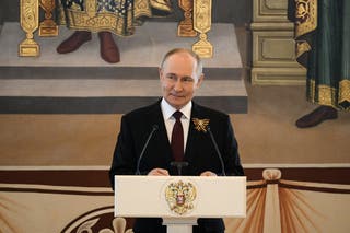 Russian president Vladimir Putin addresses foreign leaders during a reception held on Victory Day in Moscow
