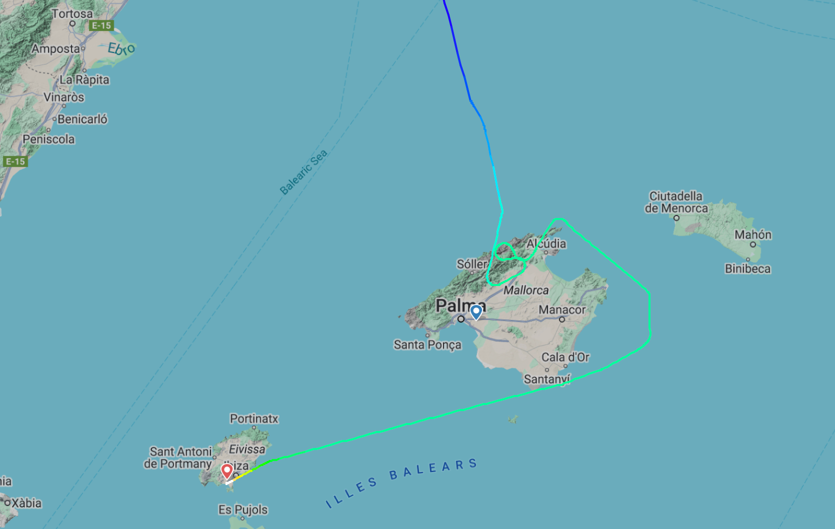  Flightpath of Ryanair arrival from Prestwick, which diverted from Palma to Ibiza