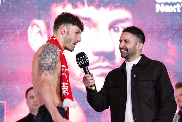 <p>Leigh Wood (L) is interviewed ahead of his upcoming bout with Anthony Cacace (Not pictured)</p>