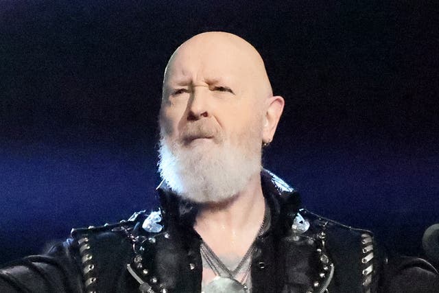 <p>Rob Halford of Judas Priest speaking at the Rock & Roll Hall of Fame Induction Ceremony in LA in November2022</p>