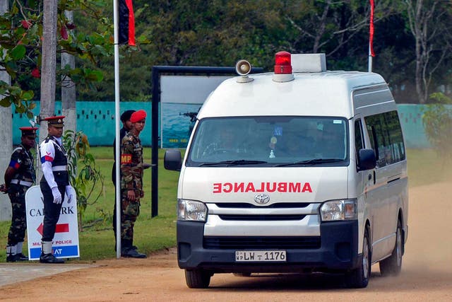 <p>An ambulance transports victims of a fatal helicopter crash, in Maduru Oya, east of capital Colombo on May 9, 2025. </p>