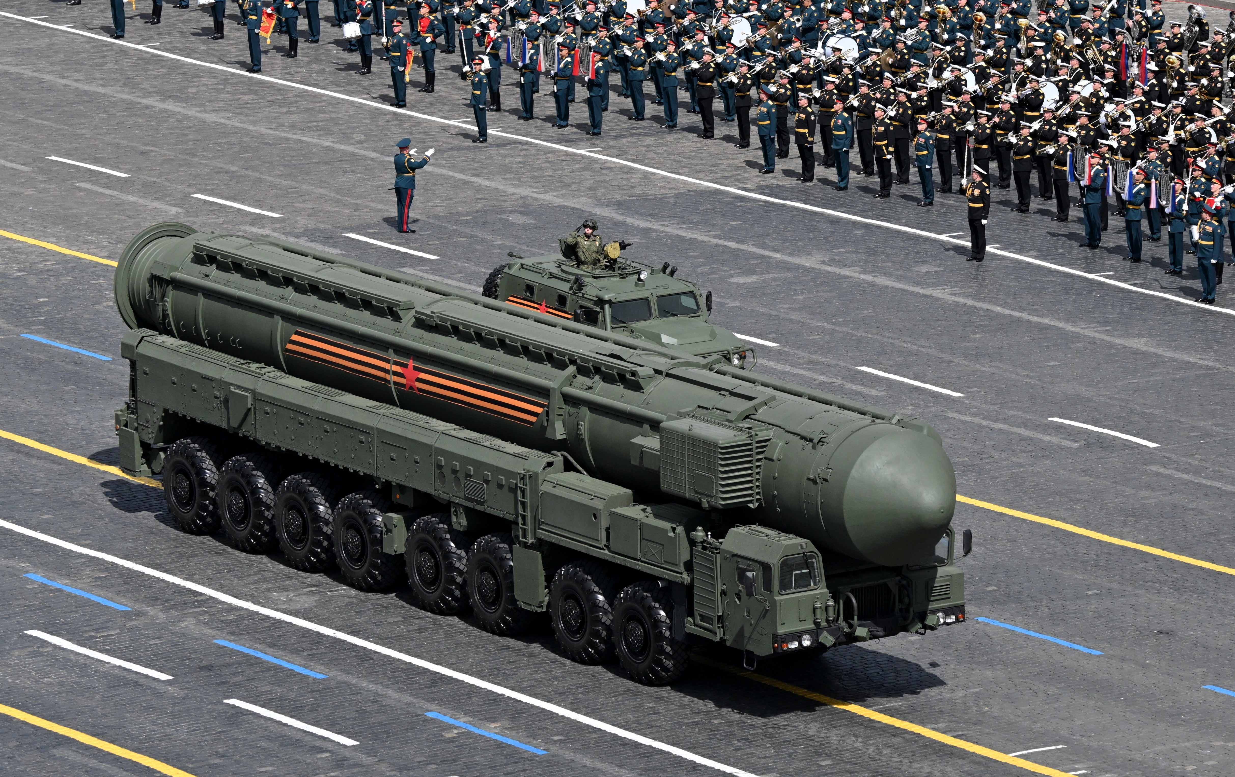 A Russian intercontinental missile is wheeled out for Putin’s Victory Day parade