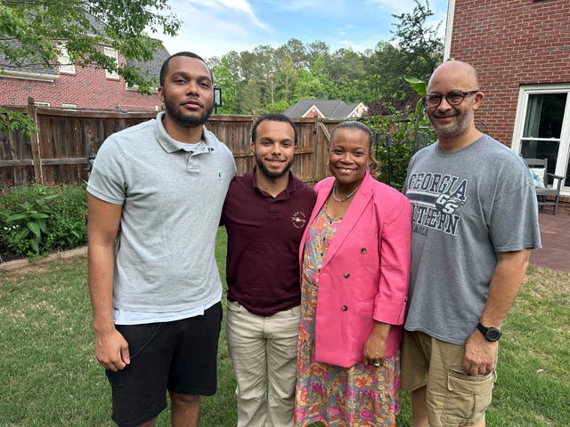 <p>Michelle and Richard Beck, right, stand outside their Atlanta-area home Thursday, May 1, 2025. They are Gen Xers who speak with southern accents while their Gen Z sons, Dylan and Richard, left, do not. (AP Photo/ Sharon Johnson)</p>