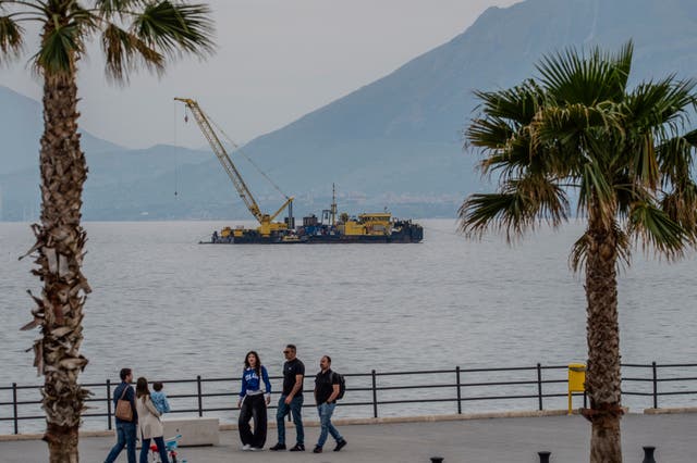 <p>The multi-purpose floating work barge Hebo Lift 2 monitors the stretch of sea off Porticello</p>