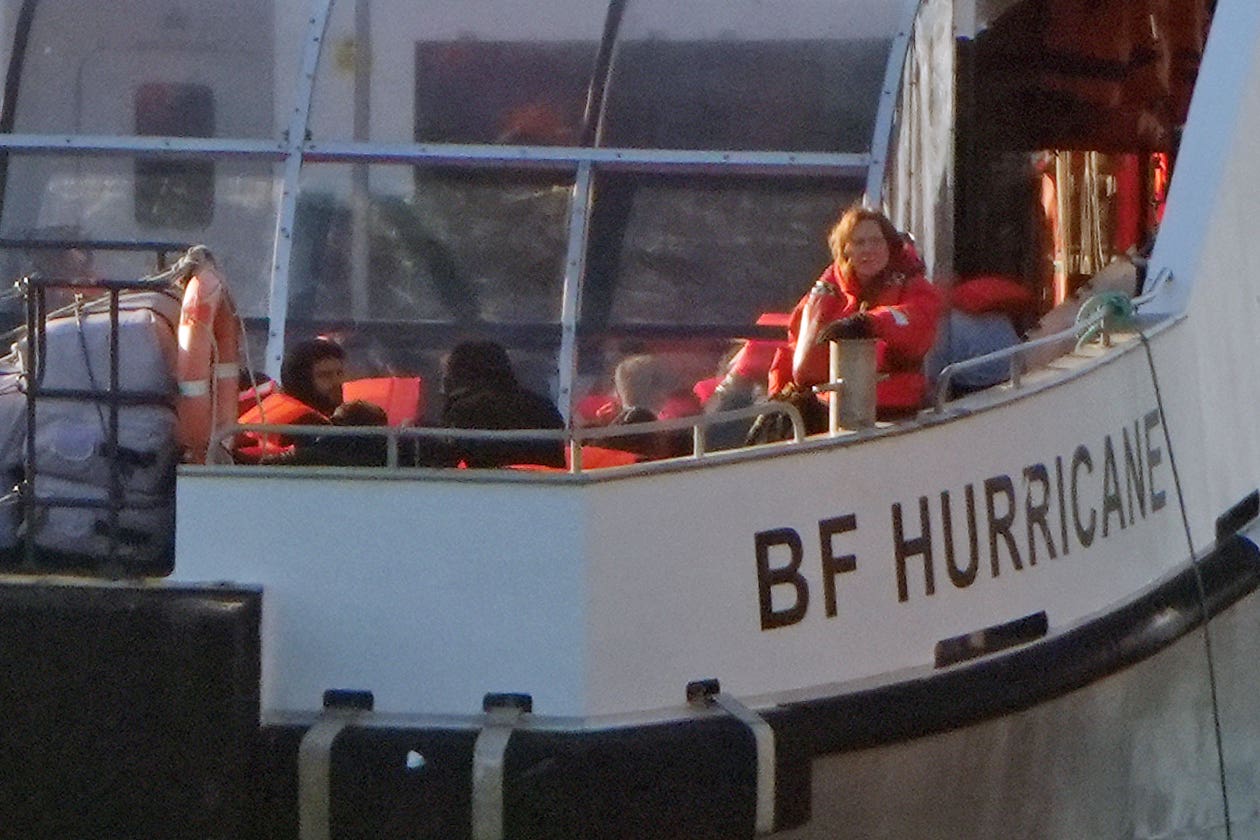 A group of people thought to be migrants are brought in to Dover, Kent, onboard a Border Force vessel following a small boat incident in the Channel. Picture date: Saturday May 10, 2025.
