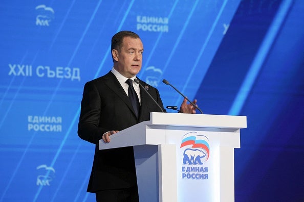 Deputy head of Russia's Security Council and Chairman of the United Russia rule party Dmitry Medvedev speaks in Moscow